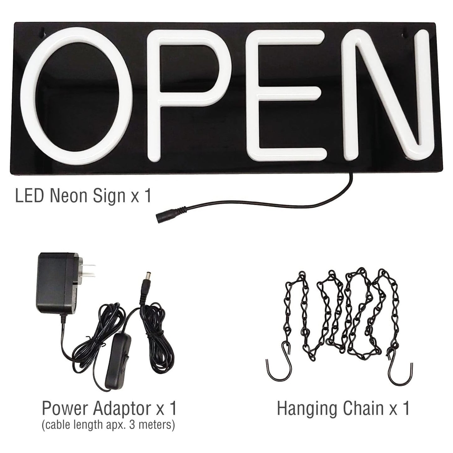 AOP50 ASSUR Neon Open Sign, Open Neon Sign, Open LED Sign 20x 7 inch, Ultra-Light White with Hanging Chain, Direct Plug-In 12V Power Adapter