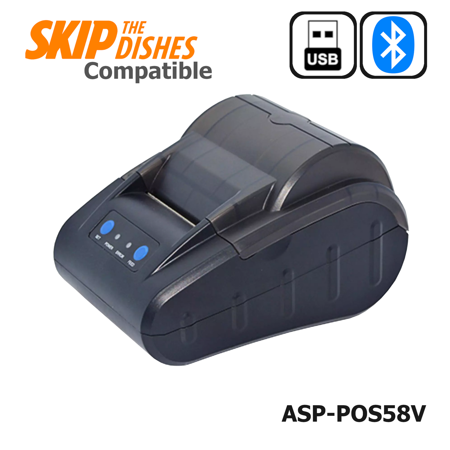 ASP-POS58V - Thermal Receipt printer is easy to set up with Android tablets, compatible with SKIP the Dishes, offers USB and Bluetooth connectivity, supports various POS applications, kitchen and network printing, and provides high-speed printing at 50mm/s with excellent quality and reliability.