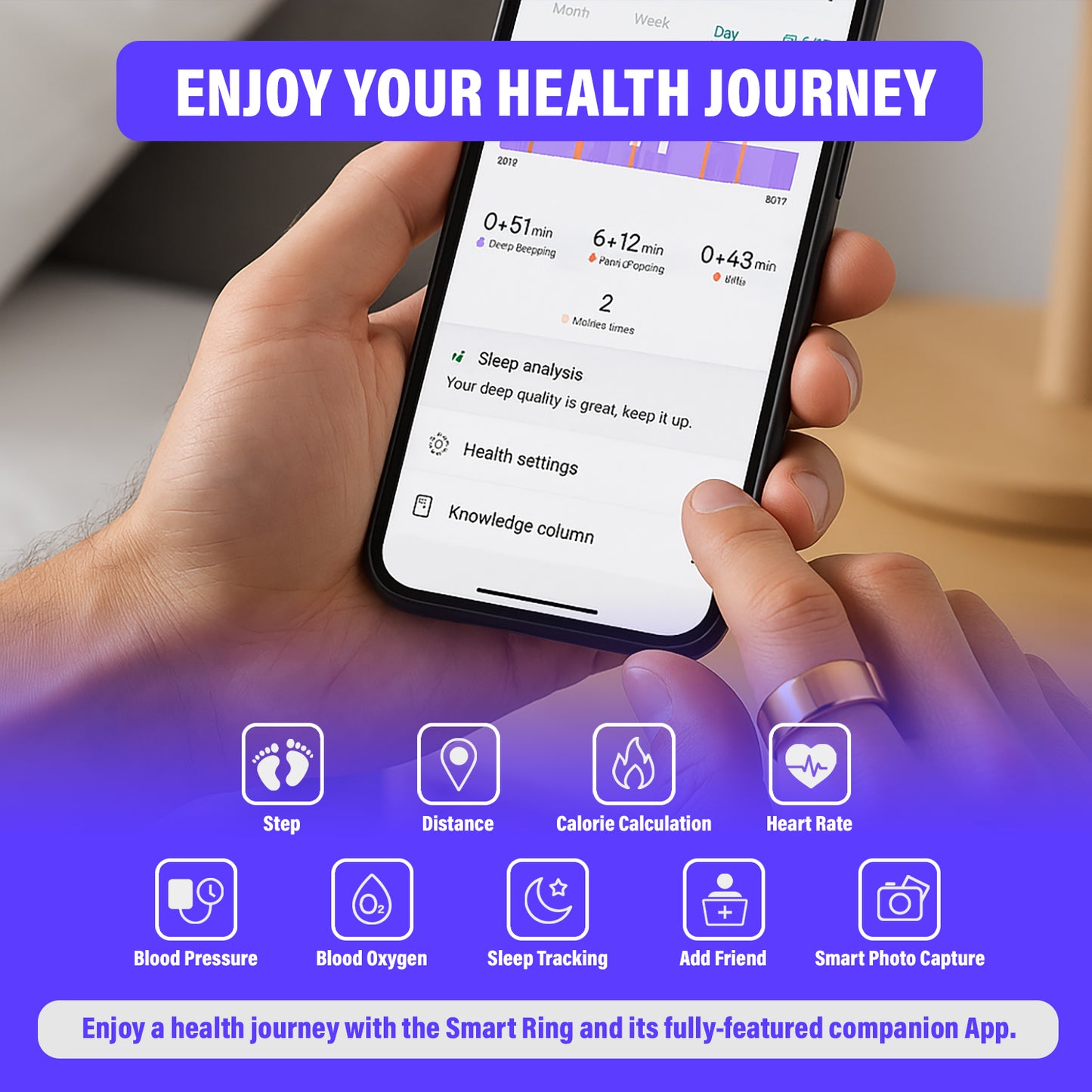 ASSUR Smart Ring Women Men - IP68 Waterproof Health Ring, Fitness Tracker Ring Compatible with Android and iPhone, Sleep Tracking, Step Counter & Camera Control (Rose Gold, 7)