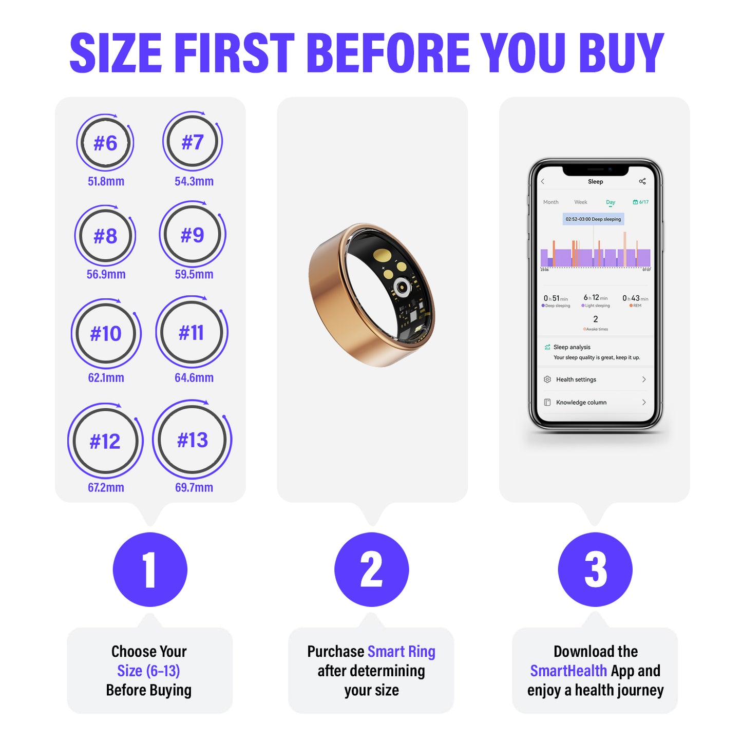 ASSUR Smart Ring Women Men - IP68 Waterproof Health Ring, Fitness Tracker Ring Compatible with Android and iPhone, Sleep Tracking, Step Counter & Camera Control (Rose Gold, 7)